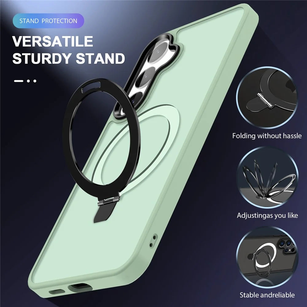 For Samsung Galaxy S24 Case PC+TPU Magnetic Ring Kickstand Phone Protective Cover - Light Green - 5