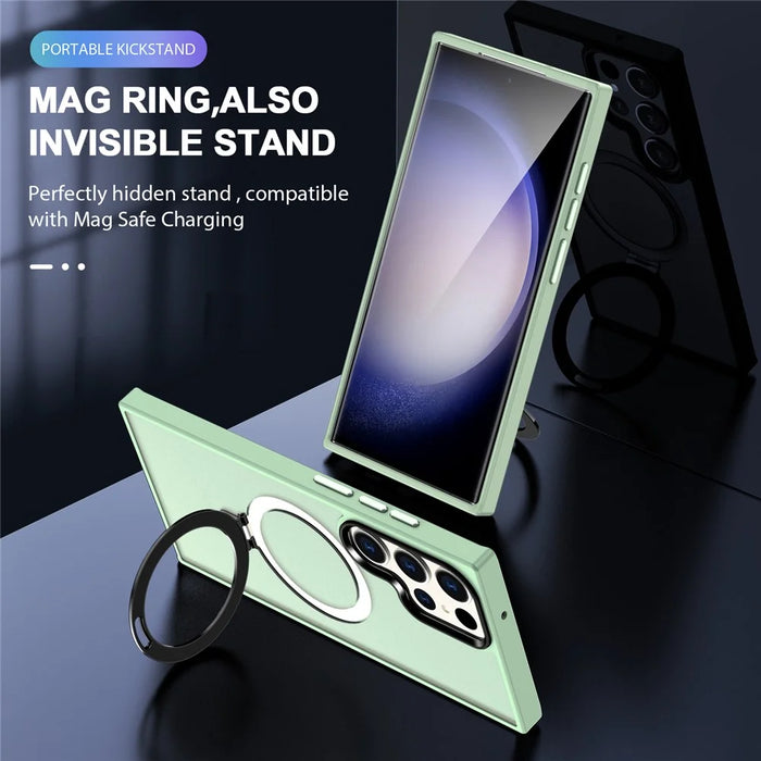 For Samsung Galaxy S23 Ultra Magnetic Case Kickstand PC Phone Cover - Light Green - 4