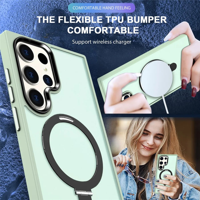 For Samsung Galaxy S23 Ultra Magnetic Case Kickstand PC Phone Cover - Light Green - 6