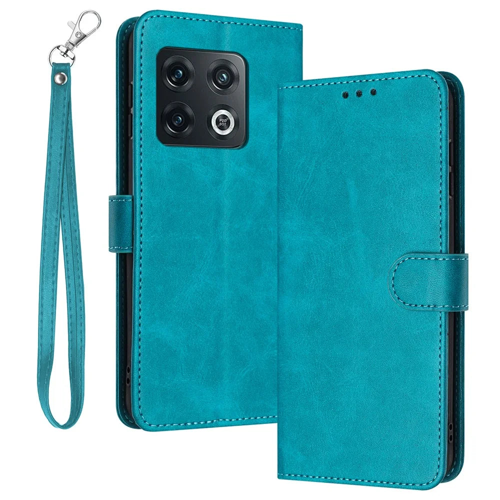 For Oneplus 10 Pro 5G Case TPU+PU Leather Flip Stand Cover Cell Phone Shell with Strap - Green - 1