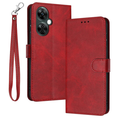 For OnePlus Nord CE 3 Lite 5G / Nord N30 5G / Oppo K11x 5G PU Leather Stand Case Wallet Phone Cover with Strap - Red - 1