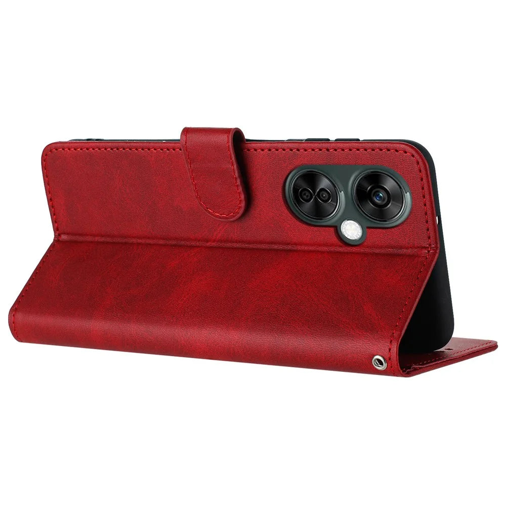 For OnePlus Nord CE 3 Lite 5G / Nord N30 5G / Oppo K11x 5G PU Leather Stand Case Wallet Phone Cover with Strap - Red - 2