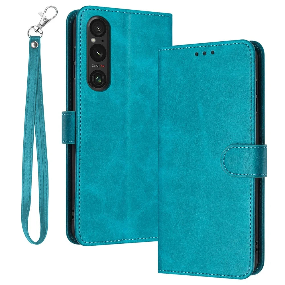 For Sony Xperia 1 VI Cover with Strap PU Leather Flip Stand Protective Cover Pure Color Wallet - Green - 1