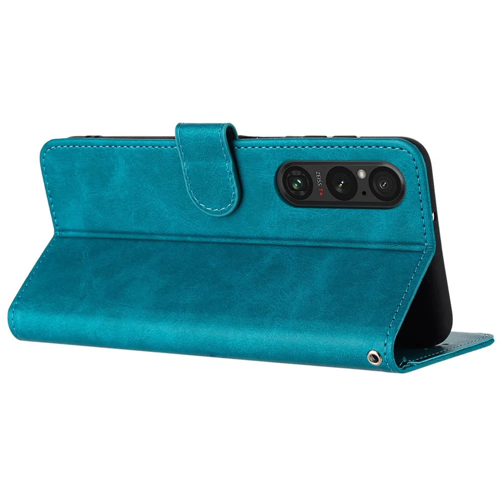 For Sony Xperia 1 VI Cover with Strap PU Leather Flip Stand Protective Cover Pure Color Wallet - Green - 2
