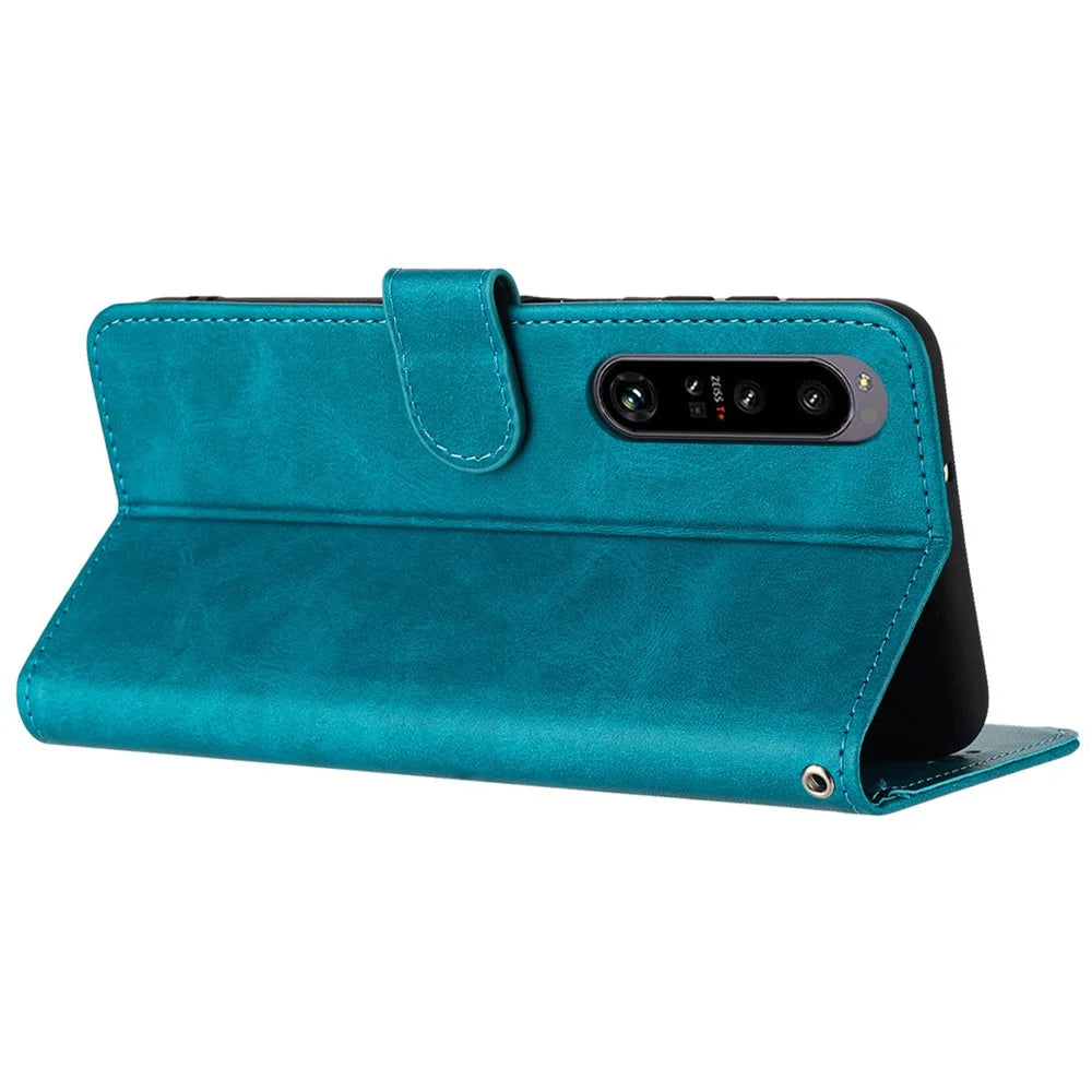 For Sony Xperia 1 IV 5G Stand Wallet PU Leather + TPU Case Calf Texture Phone Cover with Strap - Green - 2