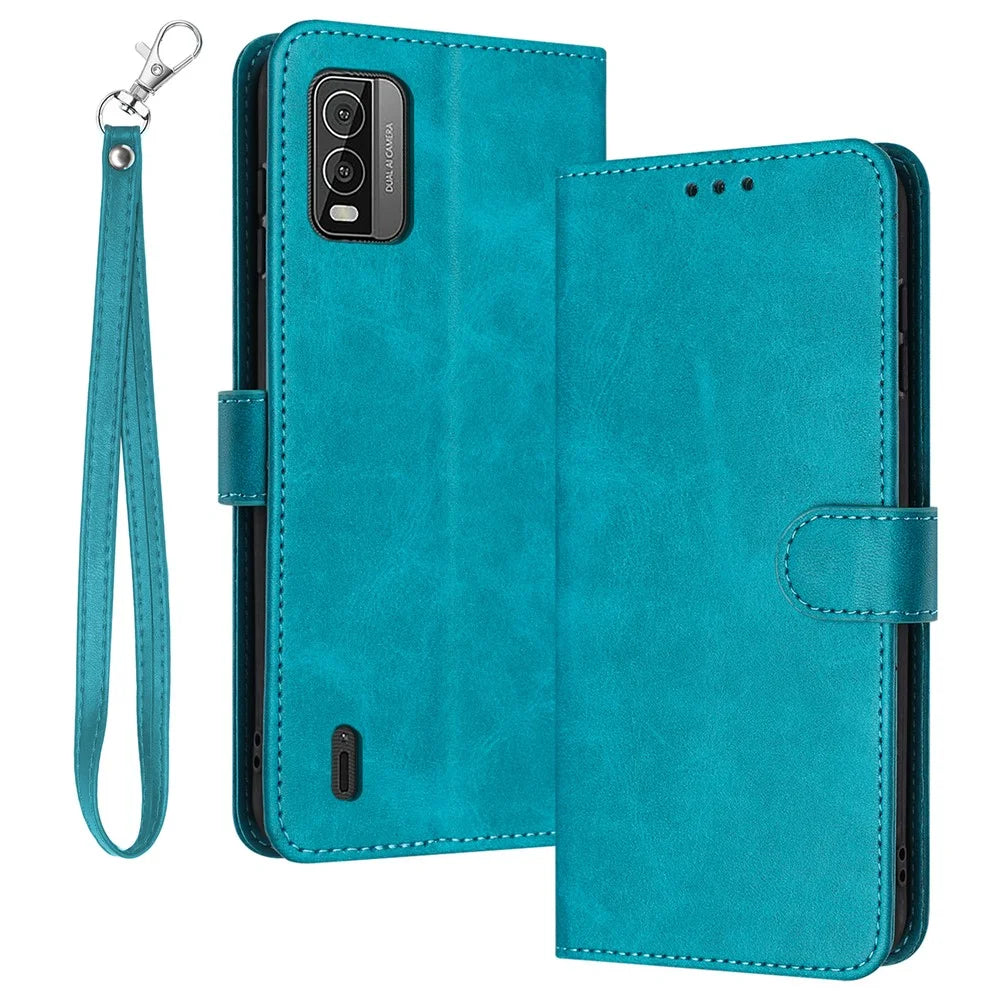 For Nokia C210 Case Leather Stand Wallet Anti-Fall Phone Cover with Wrist Strap - Green - 1