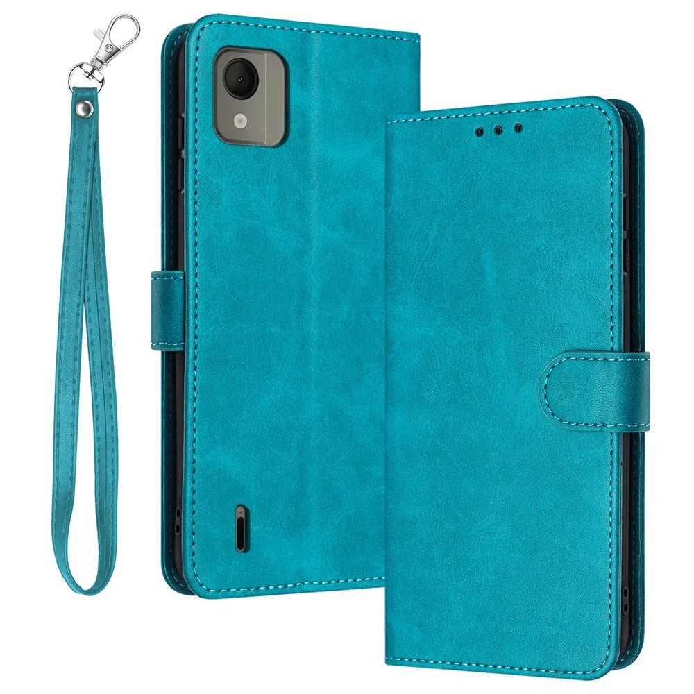 For Nokia C110 Case Leather Drop Protection Wallet Stand Cover with Strap - Green - 1