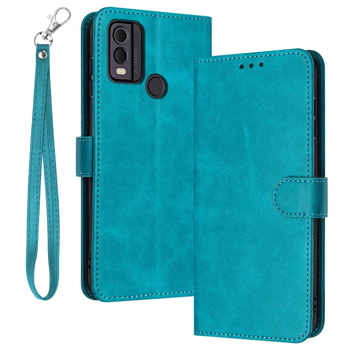 For Nokia C22 Cell Phone Case Solid Color Flip Stand PU Leather Wallet Cover with Strap - Green - 1