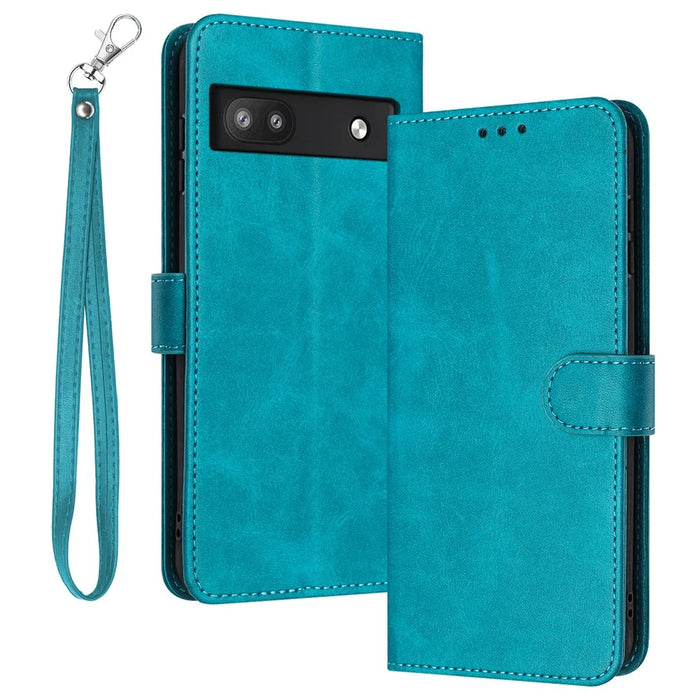For Google Pixel 6a Folding Stand Case Strap Design Calf Texture Phone Cover - Green - 1