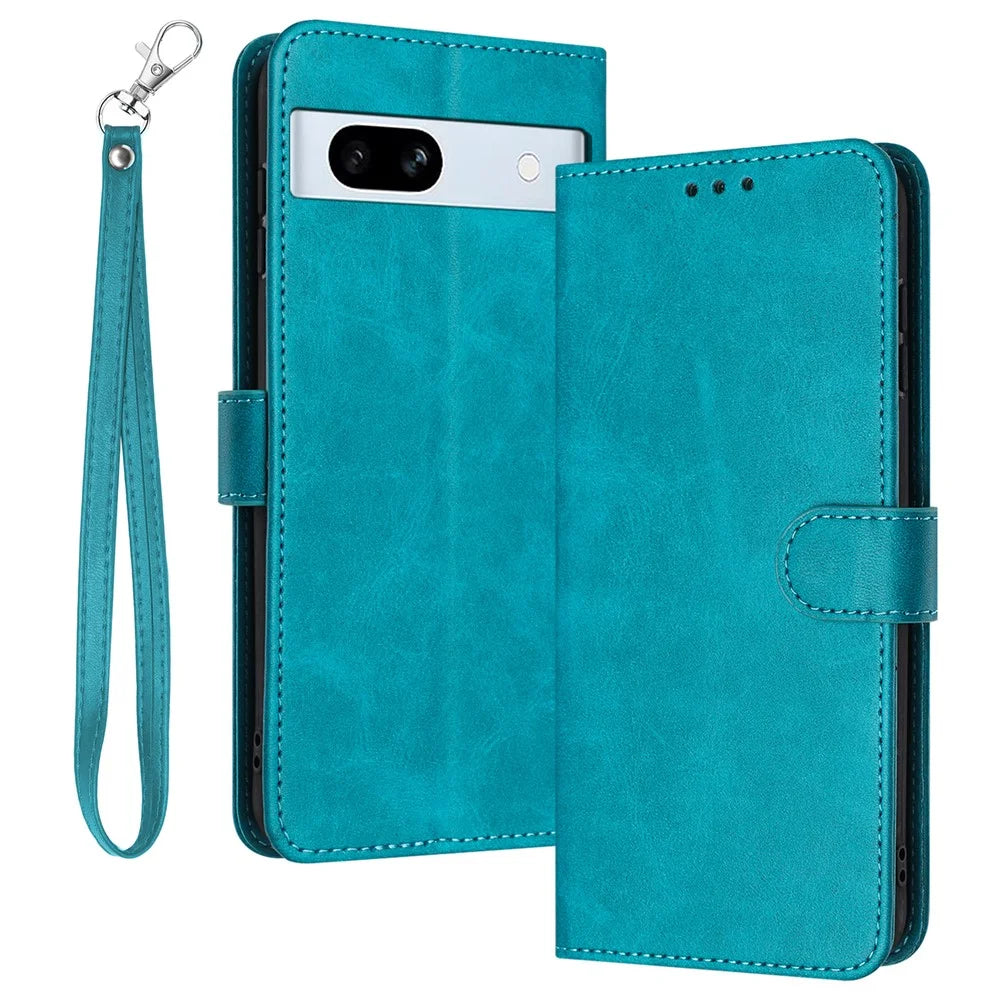 For Google Pixel 7a Drop Protection Case Calf Texture Phone Cover with Strap - Green - 1