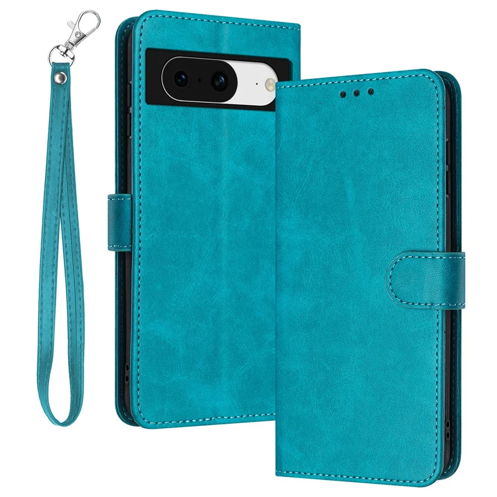 For Google Pixel 8 PU Leather Wallet Case Calf Texture Phone Cover with Strap - Green - 1