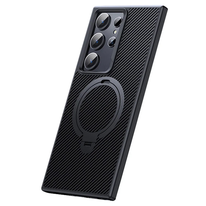 For Samsung Galaxy S24 Ultra Magnetic Case Carbon Fiber Texture Ring Kickstand Phone Cover - Black - 1