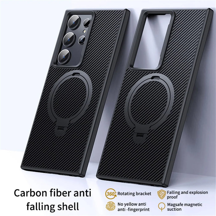 For Samsung Galaxy S24 Ultra Magnetic Case Carbon Fiber Texture Ring Kickstand Phone Cover - Black - 2