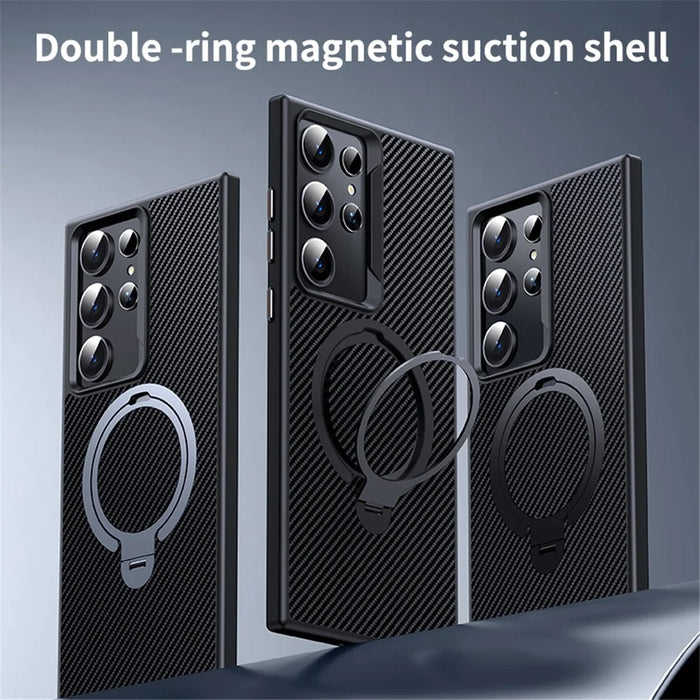 For Samsung Galaxy S24 Ultra Magnetic Case Carbon Fiber Texture Ring Kickstand Phone Cover - Black - 3