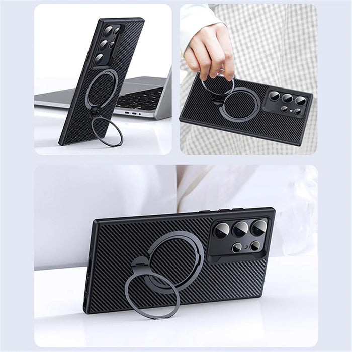 For Samsung Galaxy S24 Ultra Magnetic Case Carbon Fiber Texture Ring Kickstand Phone Cover - Black - 4