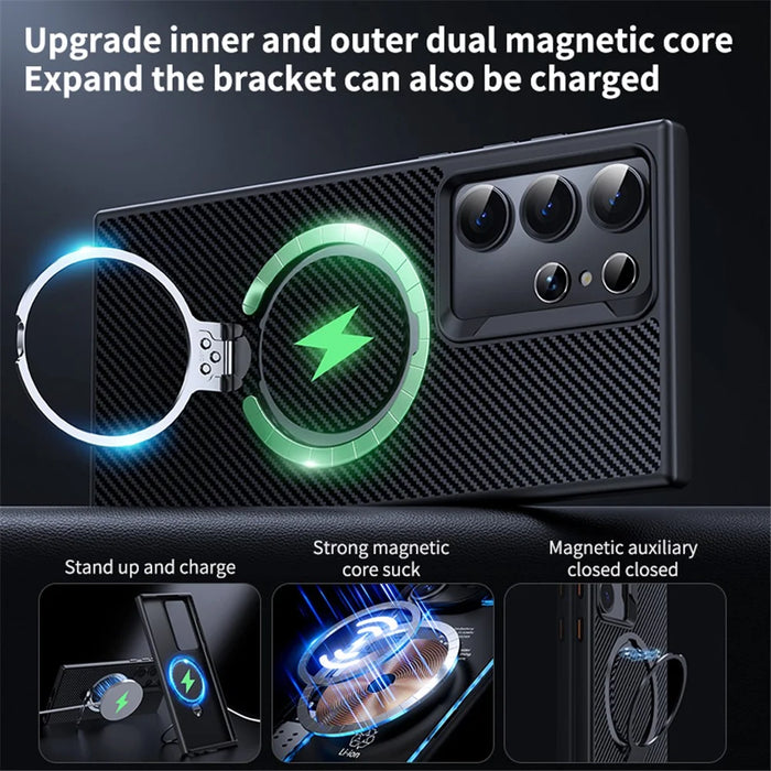 For Samsung Galaxy S24 Ultra Magnetic Case Carbon Fiber Texture Ring Kickstand Phone Cover - Black - 5
