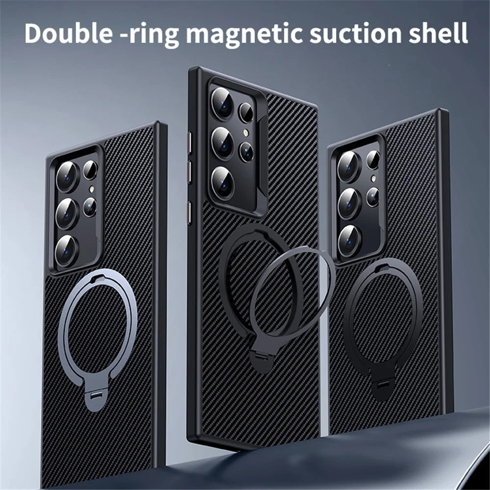 For Samsung Galaxy S23 Ultra Case Magnetic Case Carbon Fiber Texture Kickstand PC+TPU Protective Cover - Black - 3
