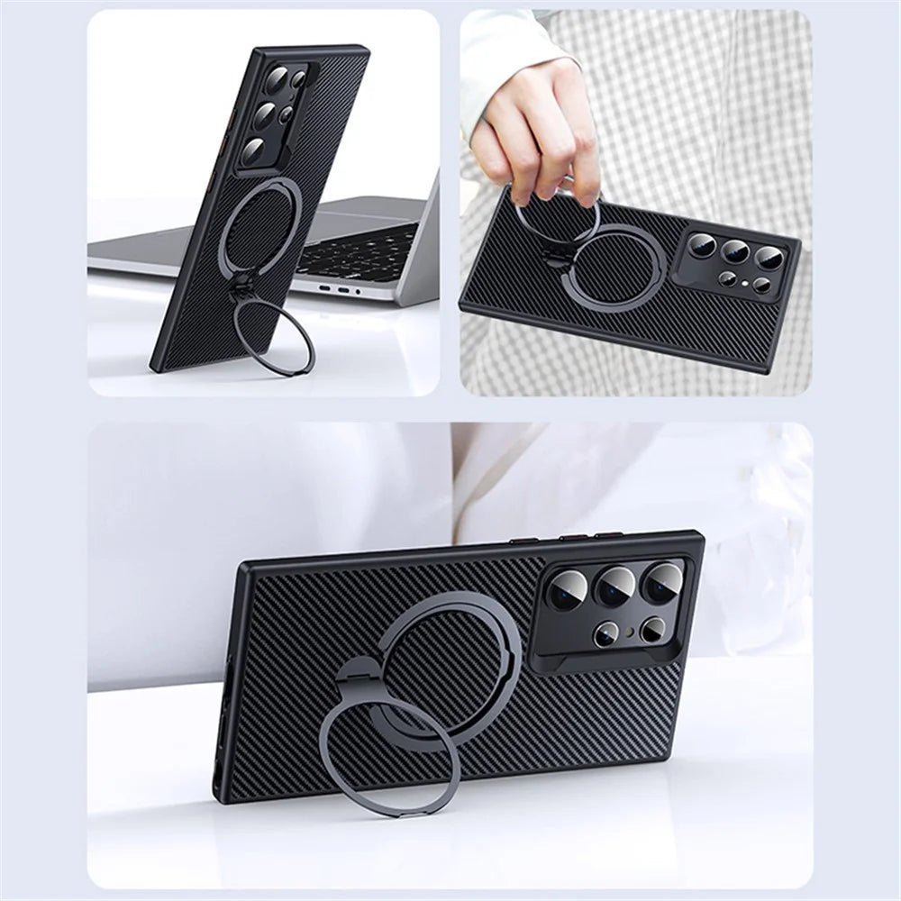 For Samsung Galaxy S23 Ultra Case Magnetic Case Carbon Fiber Texture Kickstand PC+TPU Protective Cover - Black - 4