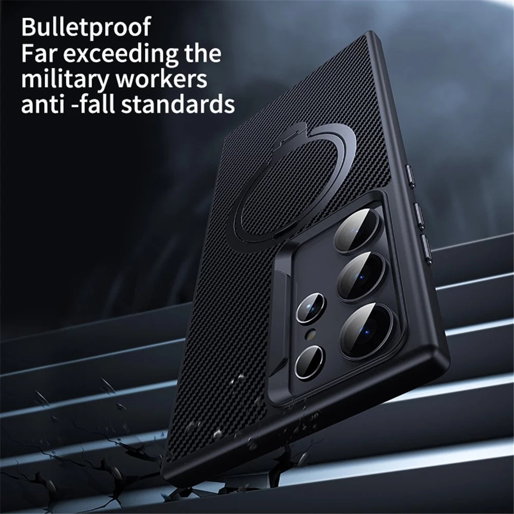 For Samsung Galaxy S23 Ultra Case Magnetic Case Carbon Fiber Texture Kickstand PC+TPU Protective Cover - Black - 6
