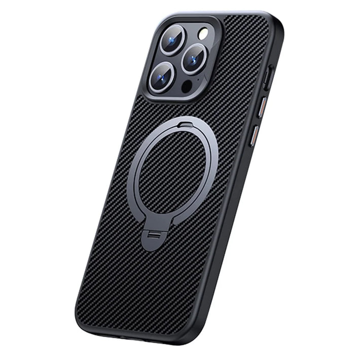 For iPhone 13 Pro Max Cases Carbon Fiber Texture Kickstand PC+TPU Phone Cover Compatible with MagSafe - Silver - 1