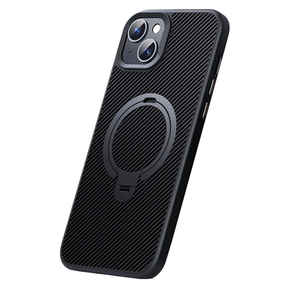 For iPhone 14 / 13 6.1 inch Magnetic Kickstand Case Carbon Fiber Texture PC+TPU Phone Cover - Black - 1