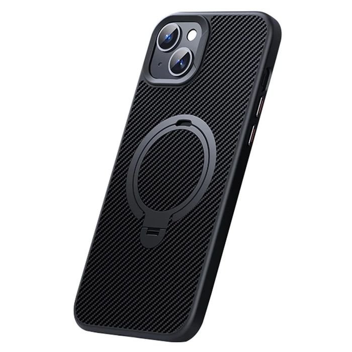 For iPhone 14 / 13 6.1 inch Magnetic Kickstand Case Carbon Fiber Texture PC+TPU Phone Cover - Black - 1