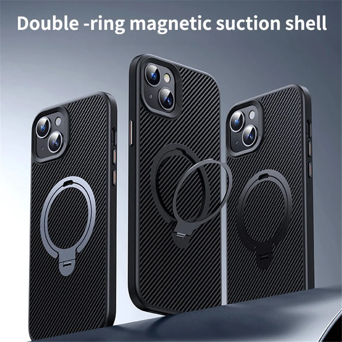 For iPhone 14 / 13 6.1 inch Magnetic Kickstand Case Carbon Fiber Texture PC+TPU Phone Cover - Black - 3