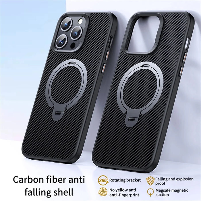For iPhone 14 Pro Magnetic Case Carbon Fiber Texture Kickstand PC+TPU Phone Cover - Silver - 2