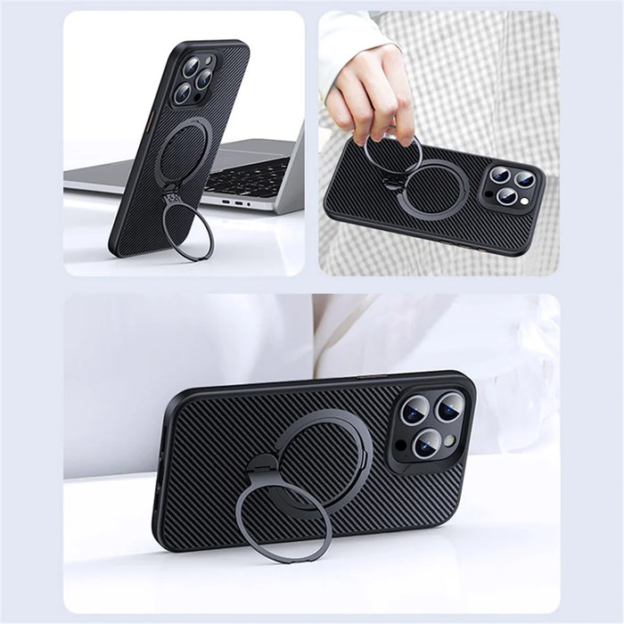 For iPhone 14 Pro Magnetic Case Carbon Fiber Texture Kickstand PC+TPU Phone Cover - Silver - 4