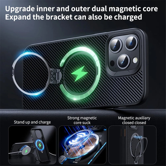 For iPhone 14 Pro Magnetic Case Carbon Fiber Texture Kickstand PC+TPU Phone Cover - Silver - 5