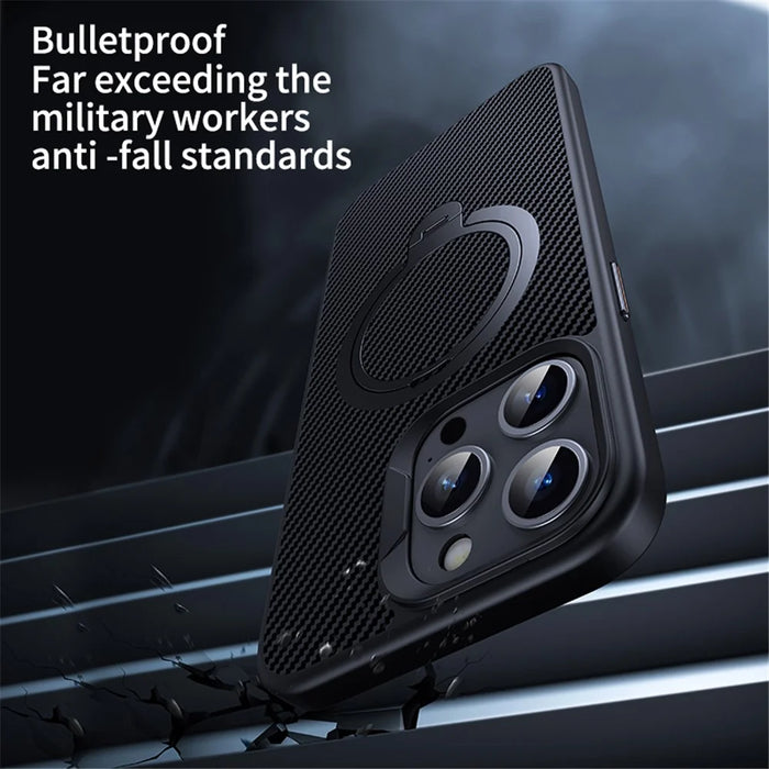 For iPhone 14 Pro Magnetic Case Carbon Fiber Texture Kickstand PC+TPU Phone Cover - Silver - 6