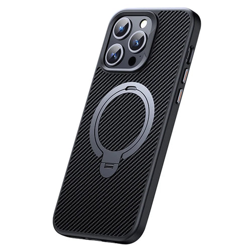 For iPhone 12 Pro Max 6.7 inch Magnetic Case Carbon Fiber Texture Ring Kickstand Phone Cover - Silver - 1