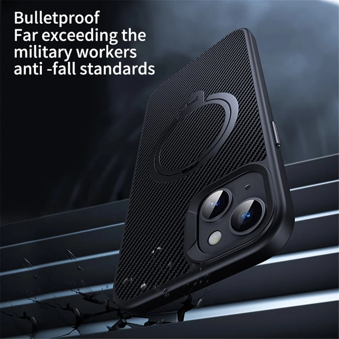 For iPhone 13 / 14 Magnetic Case with Kickstand Carbon Fiber Texture PC+TPU Phone Cover - Black - 6