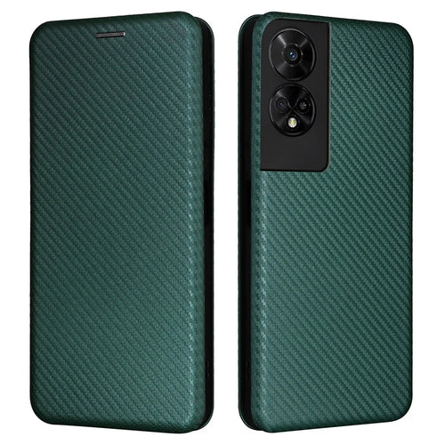 For TCL 50 5G Leather Case Carbon Fiber Texture Stand Magnetic Closing Phone Cover - Green - 1
