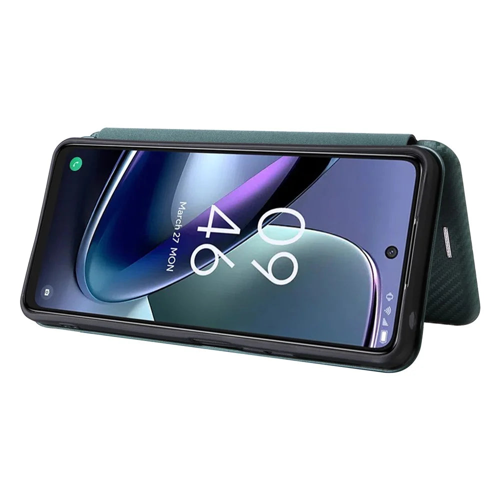 For TCL 50 5G Leather Case Carbon Fiber Texture Stand Magnetic Closing Phone Cover - Green - 3