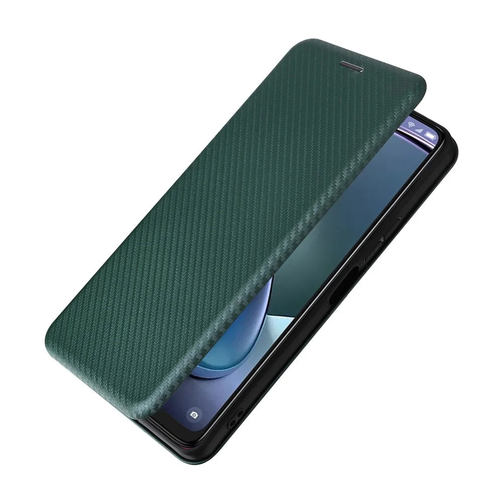 For TCL 50 5G Leather Case Carbon Fiber Texture Stand Magnetic Closing Phone Cover - Green - 5