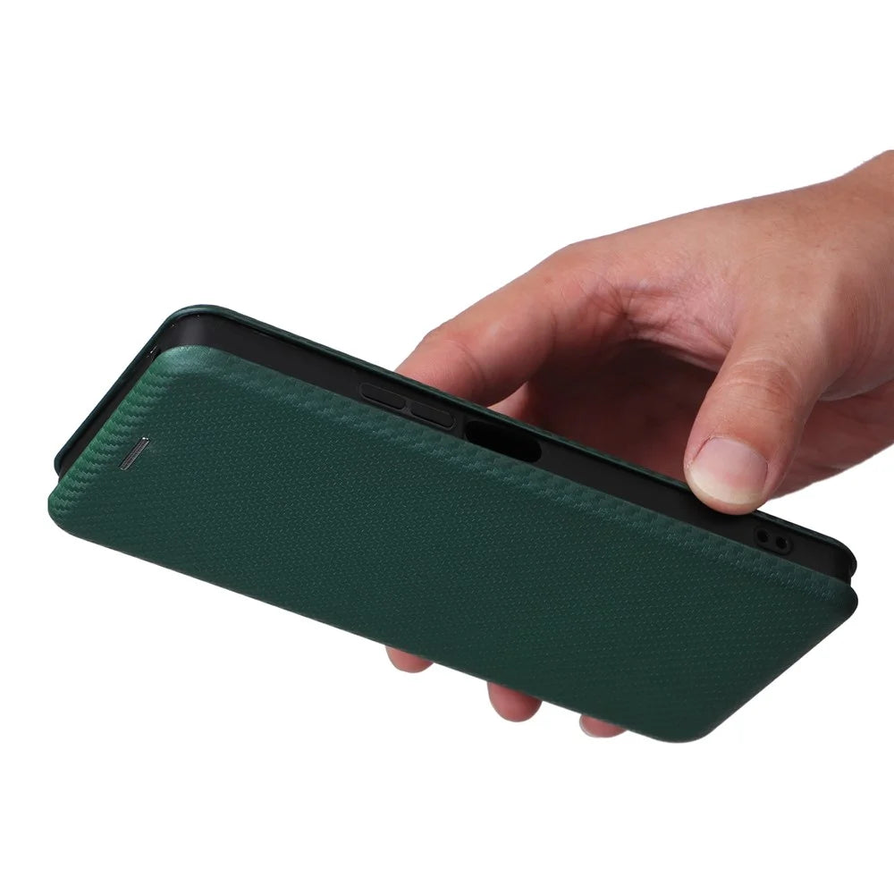 For TCL 50 5G Leather Case Carbon Fiber Texture Stand Magnetic Closing Phone Cover - Green - 6
