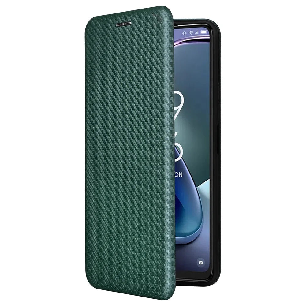 For TCL 50 5G Leather Case Carbon Fiber Texture Stand Magnetic Closing Phone Cover - Green - 7