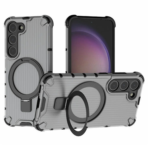 For Samsung Galaxy S23 Case PC+TPU Phone Shell Ring Kickstand Cover Magnetic Case - Grey - 1