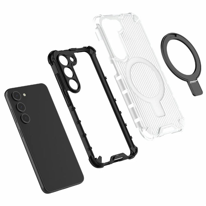 For Samsung Galaxy S23 Case PC+TPU Phone Shell Ring Kickstand Cover Magnetic Case - Grey - 2