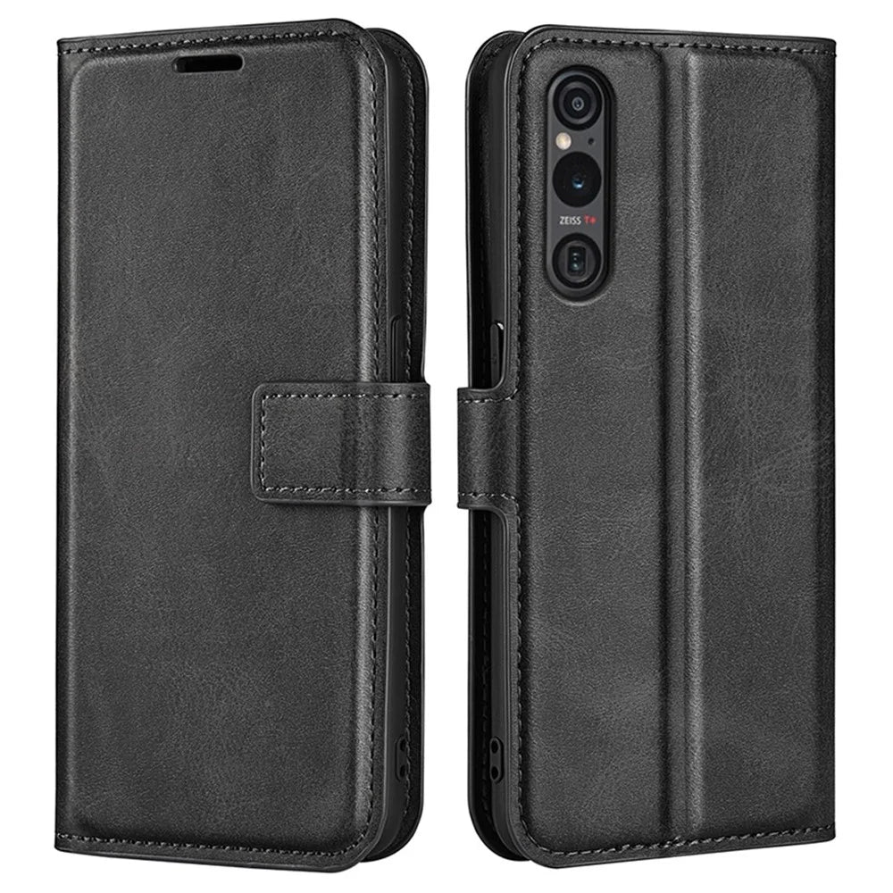 For Sony Xperia 1 VI Case Calf Texture Wallet PU Leather Flip Folio Phone Cover - Black - 1