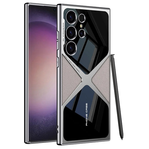 GKK For Samsung Galaxy S23 Ultra Case Electroplating PU Leather+PC Anti-drop Phone Cover - Titanium Grey - 1