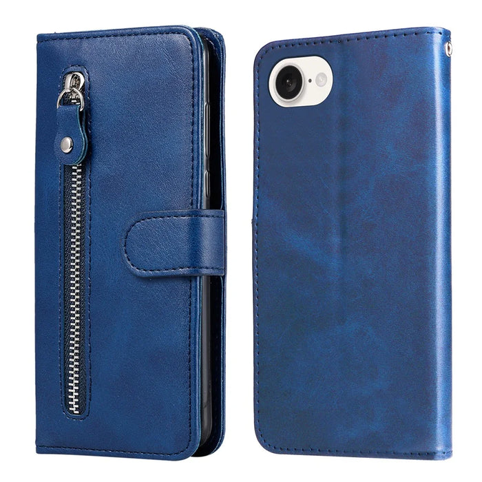 For iPhone 17e / 16e Wallet Case Zipper Pocket Leather Phone Cover   - Blue - 1