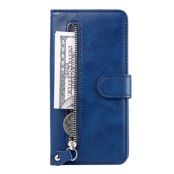 For iPhone 17e / 16e Wallet Case Zipper Pocket Leather Phone Cover   - Blue - 6
