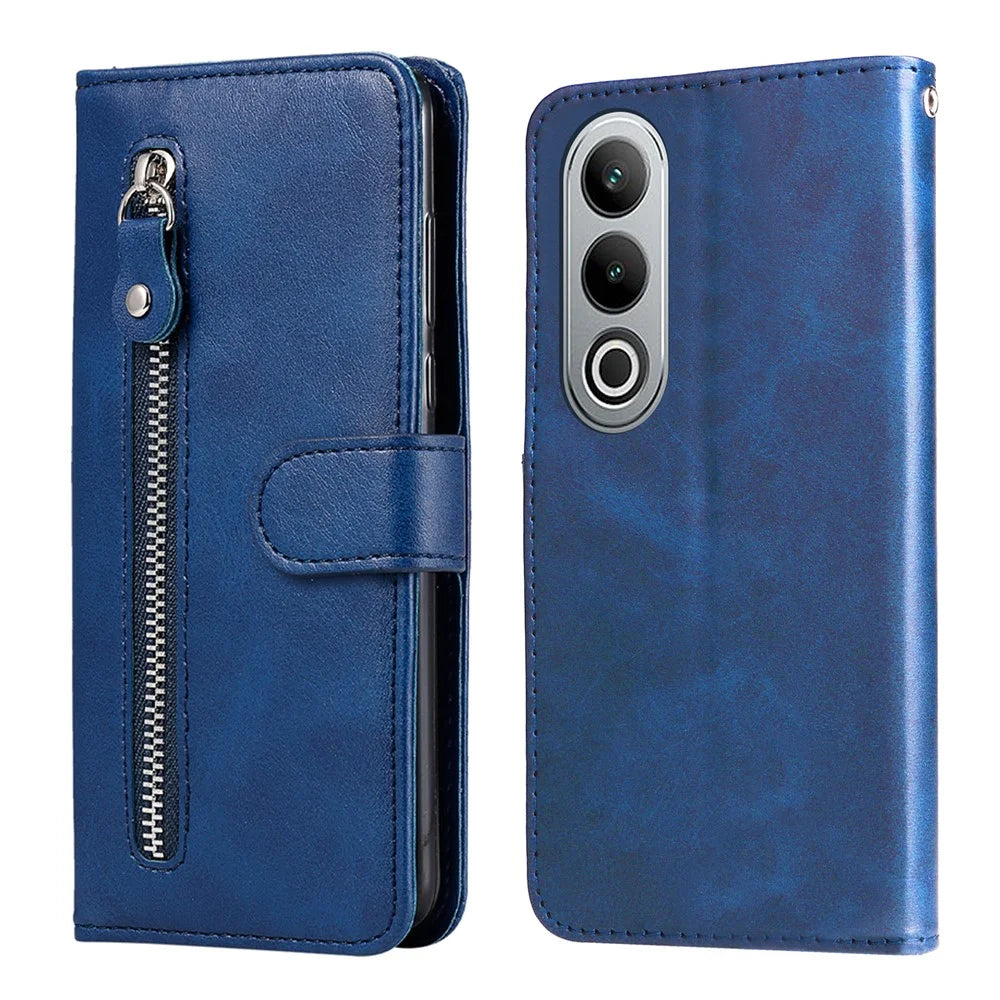 For OnePlus Nord CE4 5G / Oppo K12 Case Calf Texture PU Leather Zipper Pocket Wallet Phone Cover - Blue - 1
