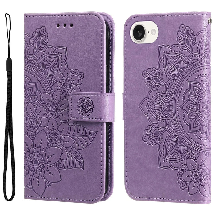 For iPhone 17e / 16e Case Floral Pattern PU Leather Wallet Stand Phone Cover - Purple - 1