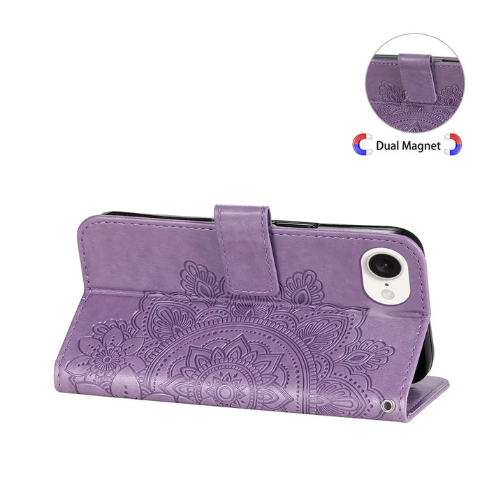 For iPhone 17e / 16e Case Floral Pattern PU Leather Wallet Stand Phone Cover - Purple - 6