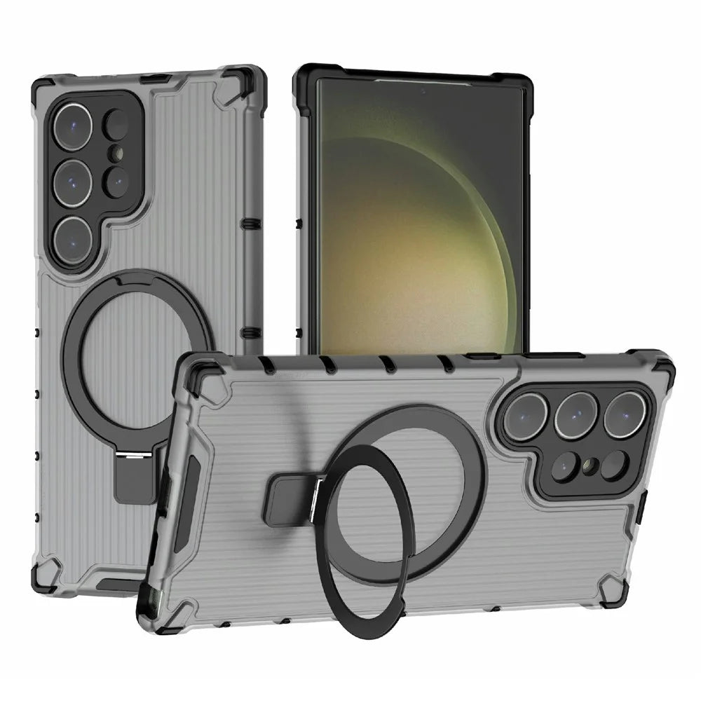 For Samsung Galaxy S24 Ultra Case with Magnetic Ring Holder Stripe Design PC+TPU Back Cover - Grey - 1