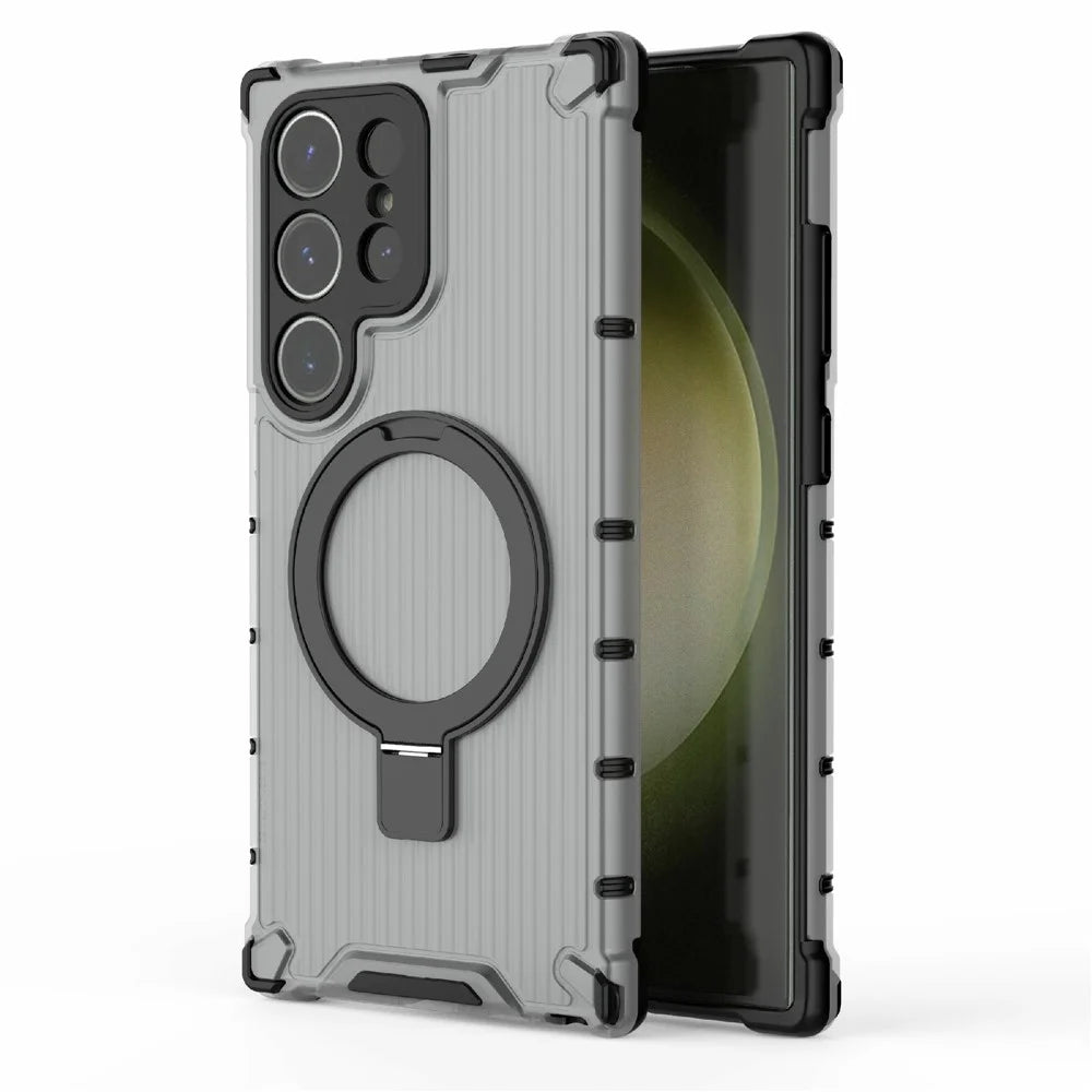 For Samsung Galaxy S24 Ultra Case with Magnetic Ring Holder Stripe Design PC+TPU Back Cover - Grey - 2