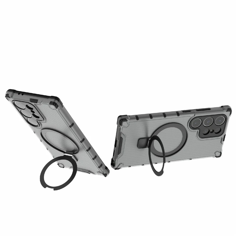 For Samsung Galaxy S24 Ultra Case with Magnetic Ring Holder Stripe Design PC+TPU Back Cover - Grey - 3